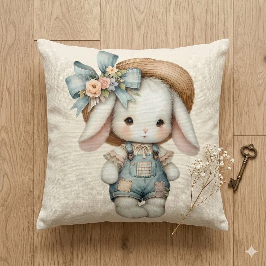 Niedlicher Bunny in Overalls mit Strohhut & Bow Kissen