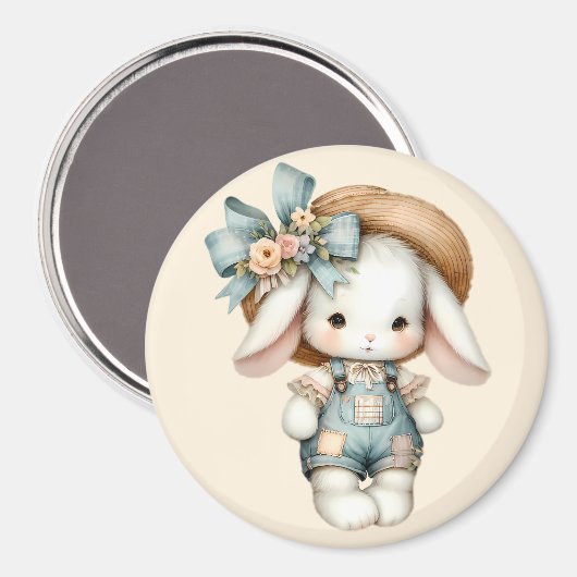 Niedlicher Bunny in Overalls mit Strohhut & Bow Magnet (Vorderseite/Rückseite)