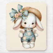 Niedlicher Bunny in Overalls mit Strohhut & Bow Mousepad (Vorne)
