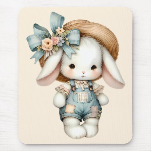 Niedlicher Bunny in Overalls mit Strohhut & Bow Mousepad (Vorne)