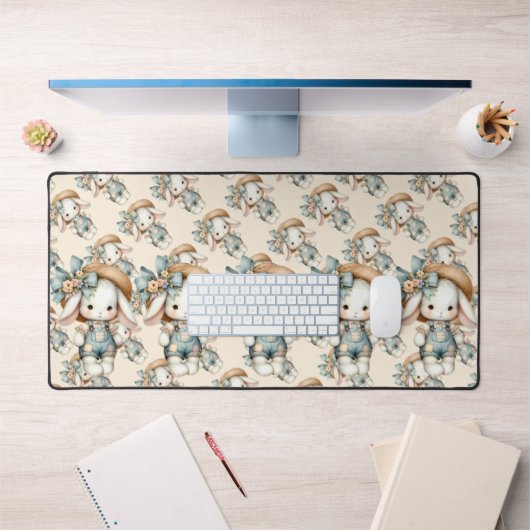 Niedlicher Bunny in Overalls mit Strohhut & Bow Schreibtischunterlage (Büro 1)