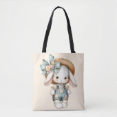 Niedlicher Bunny in Overalls mit Strohhut & Bow Tasche (Vorderseite)