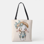 Niedlicher Bunny in Overalls mit Strohhut & Bow Tasche (Rückseite)