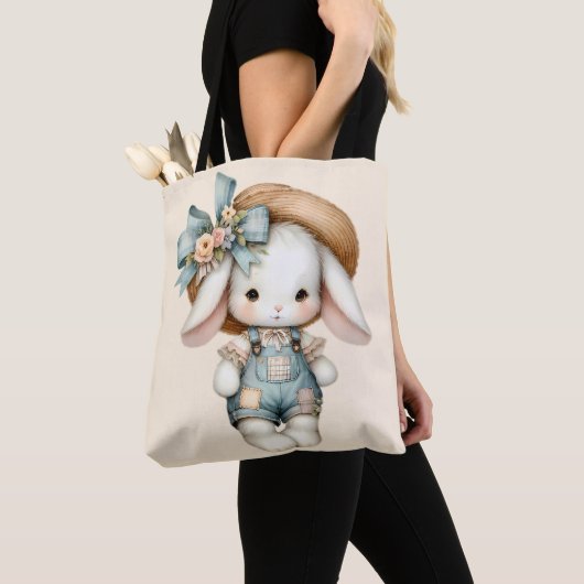 Niedlicher Bunny in Overalls mit Strohhut & Bow Tasche (Von Nahem)