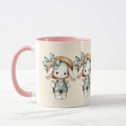 Niedlicher Bunny in Overalls mit Strohhut & Bow Tasse (Links)