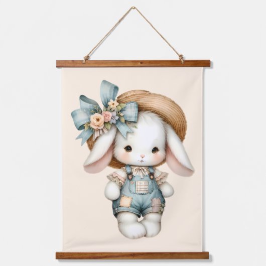 Niedlicher Bunny in Overalls mit Strohhut & Bow Wandteppich Mit Holzrahmen (Vorderseite)