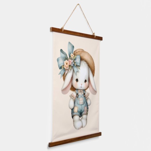 Niedlicher Bunny in Overalls mit Strohhut & Bow Wandteppich Mit Holzrahmen (Gewinkelt)