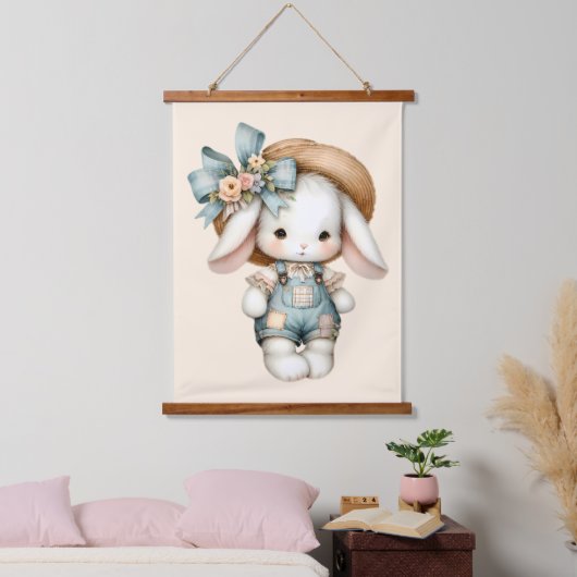 Niedlicher Bunny in Overalls mit Strohhut & Bow Wandteppich Mit Holzrahmen (Schlafzimmer)