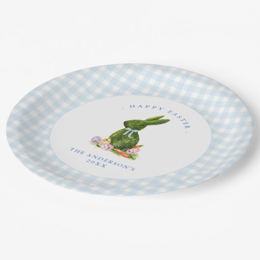 Niedlicher Bunny mit Blue Gingham Grenze Ostern Br Pappteller (Schrägansicht)