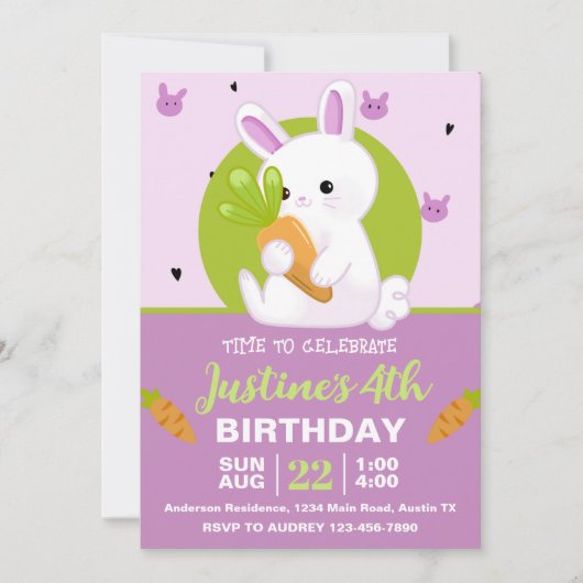 Niedlicher Bunny mit Carrot Geburtstagsparty Einladung (Vorderseite)