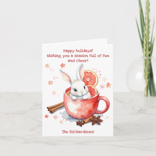 Niedlicher Bunny Peeking aus einem Roten Cup Weihn Karte (Vorderseite)