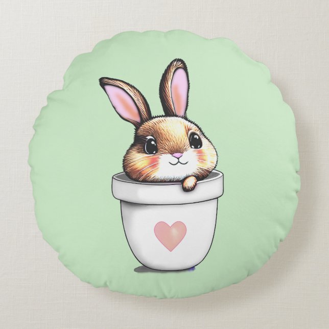 Niedlicher Bunny Pflanze Pot auf Light Lime Green Rundes Kissen (Vorderseite)