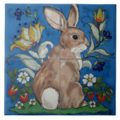 Niedlicher Bunny Rabbit Blue Frühlingsblütenfest O Fliese (Vorderseite)