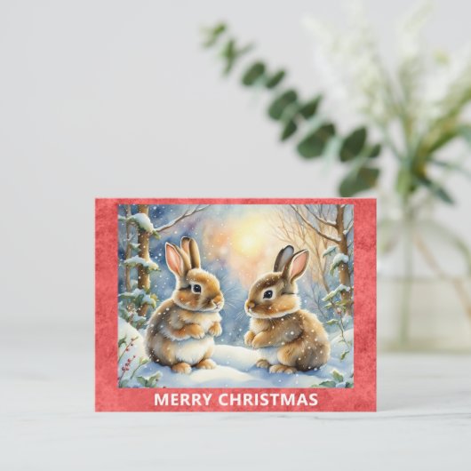 Niedlicher Bunny Rabbit Wald Frohe Weihnachten Postkarte (Stehend Vorderseite)
