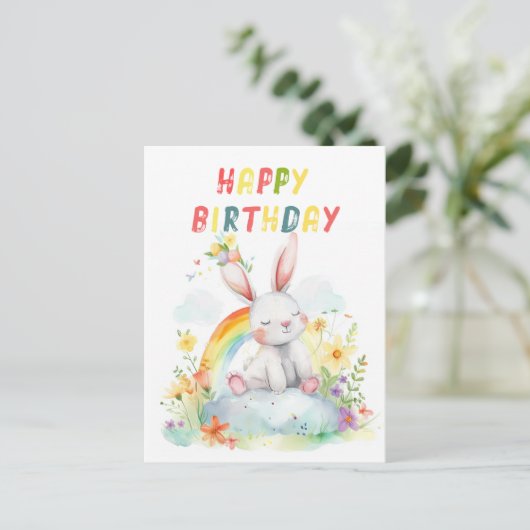Niedlicher Bunny Rainbow Buntes Glück zum Geburtst Postkarte (Stehend Vorderseite)