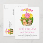 Niedlicher Bunny Teddy Bear Ice Creme 1. Geburtsta Einladungspostkarte (Vorne/Hinten)