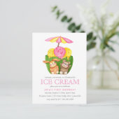 Niedlicher Bunny Teddy Bear Ice Creme 1. Geburtsta Einladungspostkarte (Stehend Vorderseite)