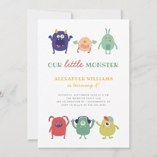Niedlicher, bunter Kleines Monsterkind zum Geburts Einladung (Vorderseite)