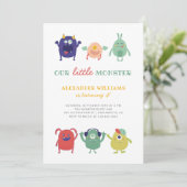 Niedlicher, bunter Kleines Monsterkind zum Geburts Einladung (Stehend Vorderseite)