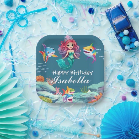 Niedlicher, bunter Meerjunghai Regenbogen Geburtst Pappteller (Party)