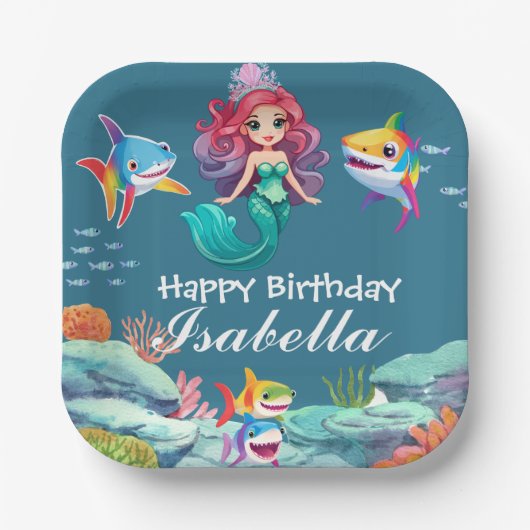 Niedlicher, bunter Meerjunghai Regenbogen Geburtst Pappteller (Vorderseite)