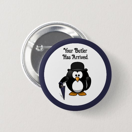Niedlicher Butler Penguin Cartoon mit Schirm Button (Vorne & Hinten)
