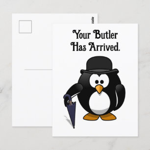 Niedlicher Butler Penguin Cartoon mit Schirm Postkarte