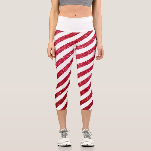 Niedlicher Candy Cane Glitzer Strickmuster Capri Leggings (Vorderseite)