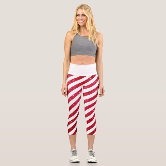 Niedlicher Candy Cane Glitzer Strickmuster Capri Leggings (Vorderseite)