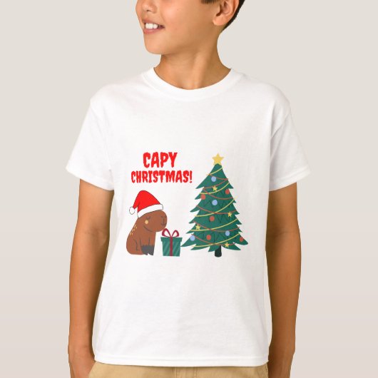 Niedlicher Capybara Weihnachtsbaum T-Shirt (Vorderseite)