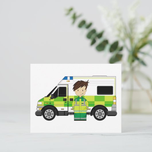 Niedlicher Cartoon Ambulance und EMT Postkarte (Stehend Vorderseite)