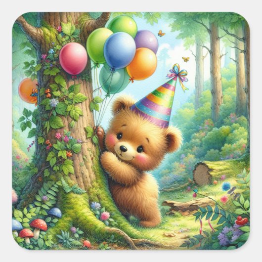 Niedlicher Cartoon Baby Bear Cube Geburtstag Quadratischer Aufkleber (Vorderseite)