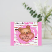 Niedlicher Cartoon Bear Pink Valentinstag Postkarte (Stehend Vorderseite)
