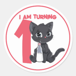 Niedlicher Cartoon Black Cat Geburtstag Runder Aufkleber