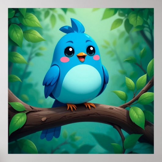 Niedlicher Cartoon Blue Bird Poster (Vorne)