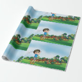 Niedlicher Cartoon Boy Golfing Fun Golf Lover Desi Geschenkpapier (Ungerollt)