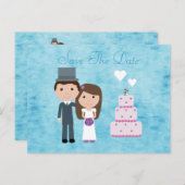 Niedlicher Cartoon Braut, Bräutigam & Kuchen Save Ankündigungspostkarte (Vorne/Hinten)