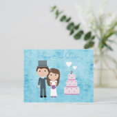 Niedlicher Cartoon Braut, Bräutigam & Kuchen Save Ankündigungspostkarte (Stehend Vorderseite)