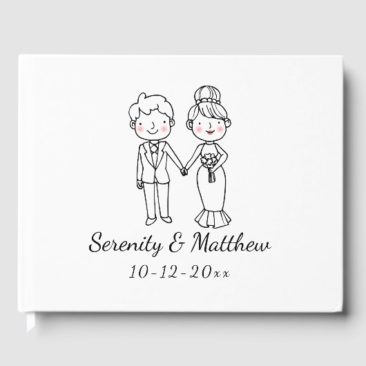 Niedlicher Cartoon Brautgarten Schwarz-weiße Hochz Gästebuch (Vorderseite)