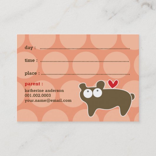 Niedlicher Cartoon Brown Bär Foto Kid's Play Date Telefonnummerkarte (Rückseite)