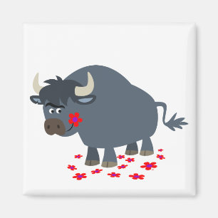 Niedlicher Cartoon Bull und Red Bloom Magnet