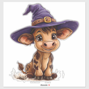 Niedlicher Cartoon Calf in Hexenhut Aufkleber