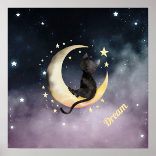 Niedlicher Cartoon Cat on Moon Poster