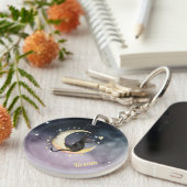 Niedlicher Cartoon Cat on Moon Schlüsselanhänger (Vorderseite rechts)