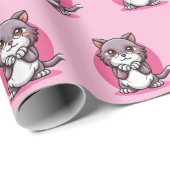 Niedlicher Cartoon Chibi Kawaii Cat auf rosa Geschenkpapier (Rolleneckpunkt)