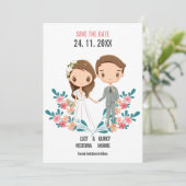 Niedlicher Cartoon Couple floral Save the Date (Stehend Vorderseite)