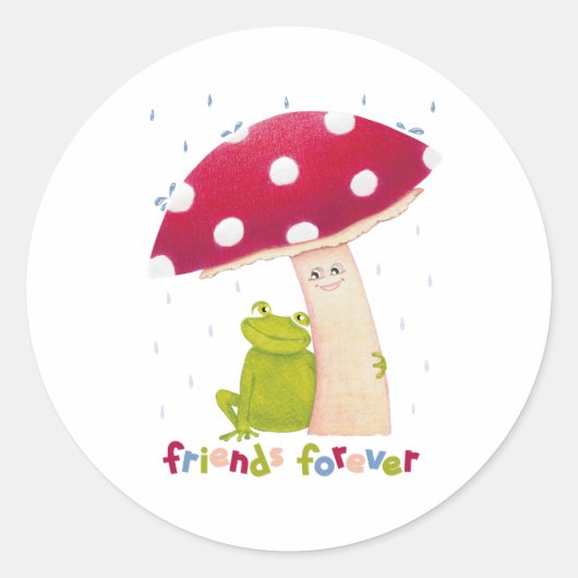 Niedlicher Cartoon, der Frosch und Pilze im Regen Runder Aufkleber (Vorderseite)