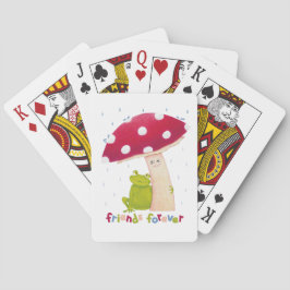 Niedlicher Cartoon, der Frosch und Pilze im Regen Spielkarten