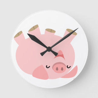 Niedlicher Cartoon, der über Schwein-Uhr rollt Runde Wanduhr
