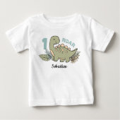 Niedlicher Cartoon Dinosaur Blue Green Boy 1. Gebu Baby T-shirt (Vorderseite)